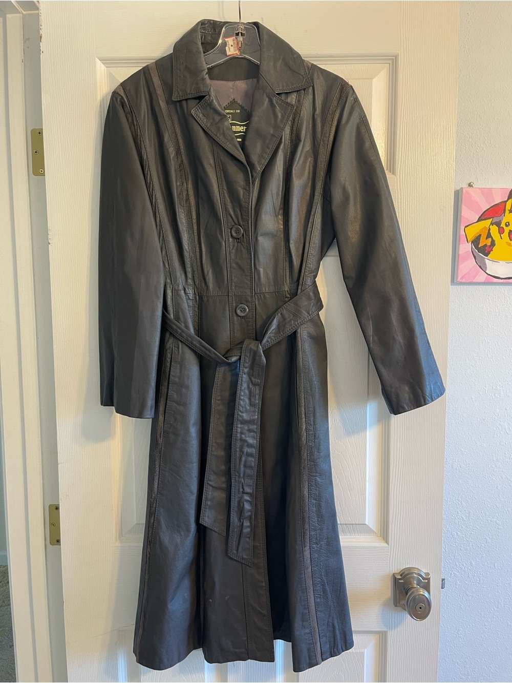 Vtg 70s Montgomery Ward The Tannery Gray Leather Belted Trench Coat 7/8